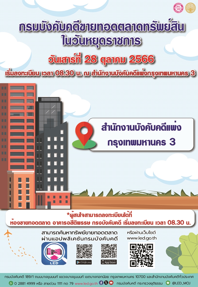 กรมบังคับคดีจัดการขายทอดตลาดในวันหยุดราชการ วันเสาร์ที่ 28 ตุลาคม 2566